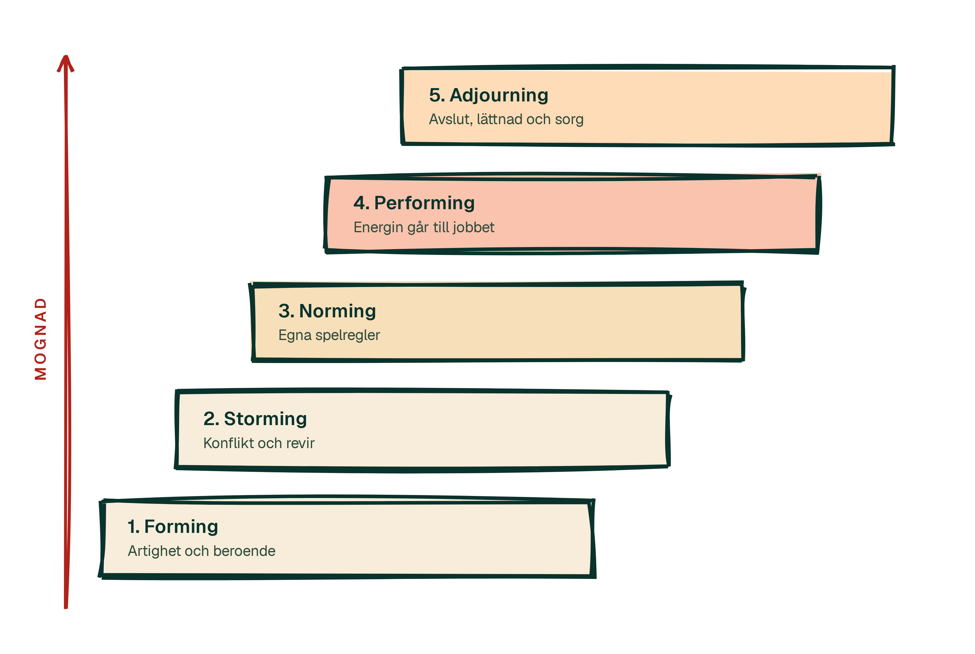 Forming, storming, norming, performing och adjourning.